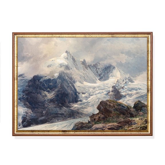 Vintage Winter Mountain Landscape Rustic Cabin Winter Landscape Cabin Lodge Wall Art Unframed Paper Print