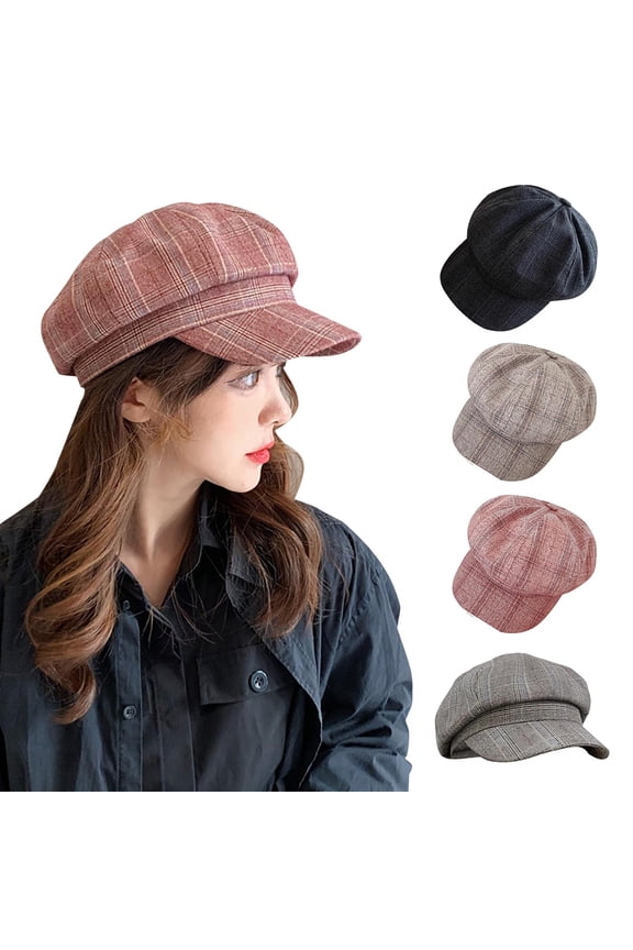 Vintage Winter Newsboy Cap Plaid Print Baker Boy Cap with a Soft Beret-Inspired Crown - Unisex Vintage Hat for Fall and Winter Fashion,Black,One Size,KLOY2K