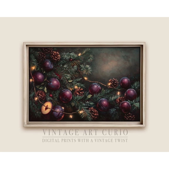 Vintage Winter Plum Garland Wall Art Print, Trendy Fruit Plum Garland, Cozy Cottagecore Decor Home Decor #129, 8x12 UNFRAMED