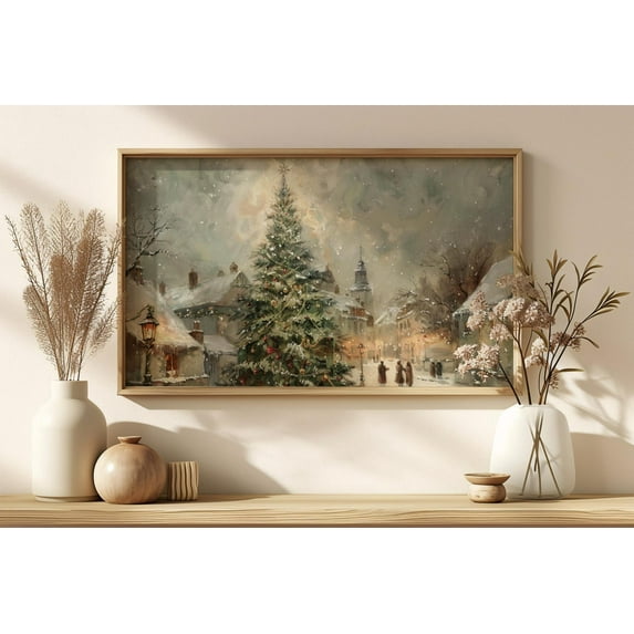 Vintage Winter Print, Rustic Christmas Wall Art, Snowy Landscape Painting, Winter Forest Painting, Farmhouse Holiday Print Wall Art, 16x24 UNFRAMED