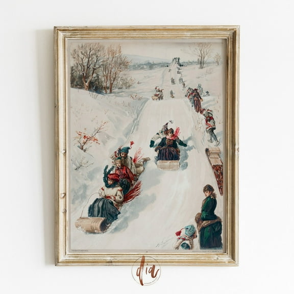 Vintage Winter Print, Sledding On A Hill, Nostalgic Drawing, Holiday Decor, Antique Art, Traditional Wall Art, Modern Wall Decor, 8x12 UNFRAMED