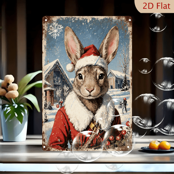 Vintage Winter Rabbit in Santa Suit, 8x12 inch Metal Wall Art, Snowy Village Scene with Falling Snow and Wooden House, Rustic Farmhouse Christmas Decor for Home Office