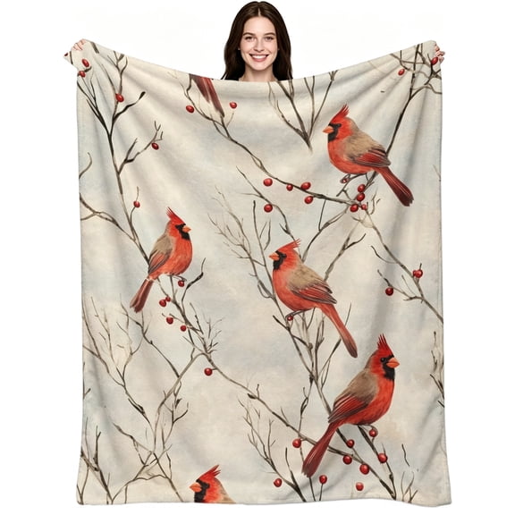 Vintage Winter Red Cardinal Bird Berry Branch Pattern, Soft Warm Flannel Fleece, Vintage Watercolor Rustic, Throw Blanket, Cozy Warm, Home Decor, Couch Bed Sofa