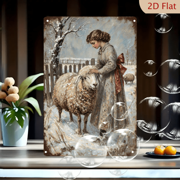 Vintage Winter Scene Art Print, 8x12 Inches Metal Wall Decor Featuring Young Woman Petting Sheep in Snowy Landscape, Rustic Fence & Bare Tree, Muted Green Dress with Red Ribbon, Sepia Toned Painterly