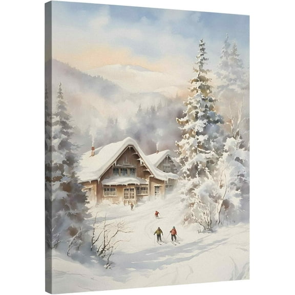 Vintage Winter Ski Skiing Wall Art Decor, Snowy Woodland Forest Mountain Skiers Canvas Wall Art Print for Ski Lodge Bedroom Living Room, Rustic Christmas Ski Party Decorations Picture, 11x14