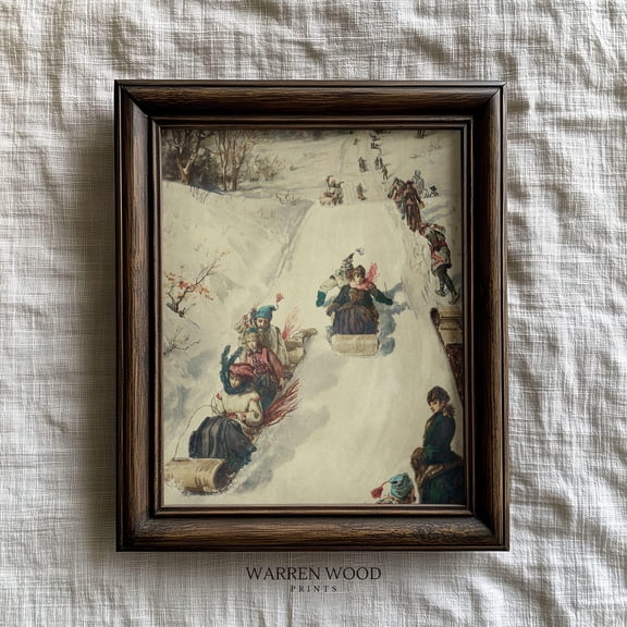 Vintage Winter Sledging Print, Th Century Sledding, Rustic Winter Holiday Wall Art, Neutral Snow Scene, Antique Holiday Decor Home Decor UNFRAMED Poster, Wall Art for Decor, Present, 16x24