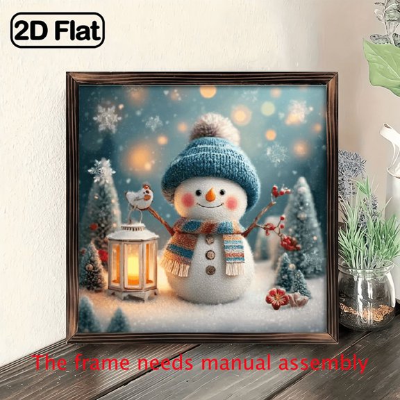 Vintage Winter Snowman Wall Art - 8x8 Inch Square Wooden Framed Painting, Snowman Scene with Snowflakes Lanterns, Vertical Hanging Home Decor for Christmas, Halloween, Farmhouse, Cafe, Room D 1p