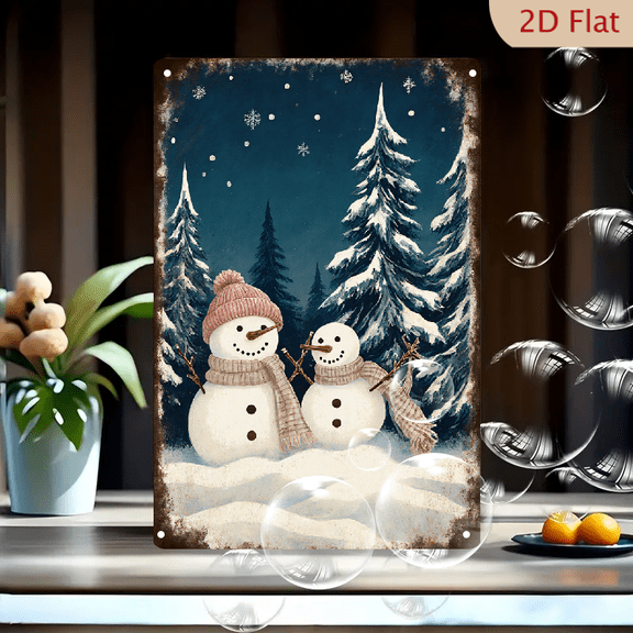 Vintage Winter Snowmen 8x12 inch Metal Wall Art, Retro Night Scene with Pink Hat Snowman and Evergreen Trees, Cozy Snowy Landscape Print for Home Decor