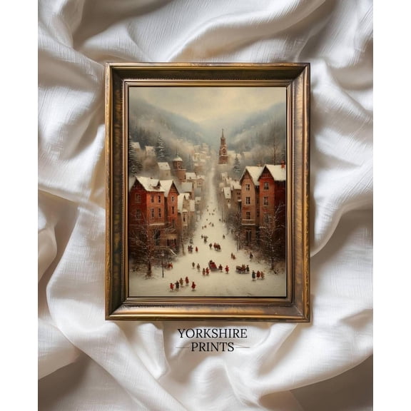 Vintage Winter Town Scene, Snowy Winter Street Wall Art, Village , 3845 UNFRAMED Poster, 8x12