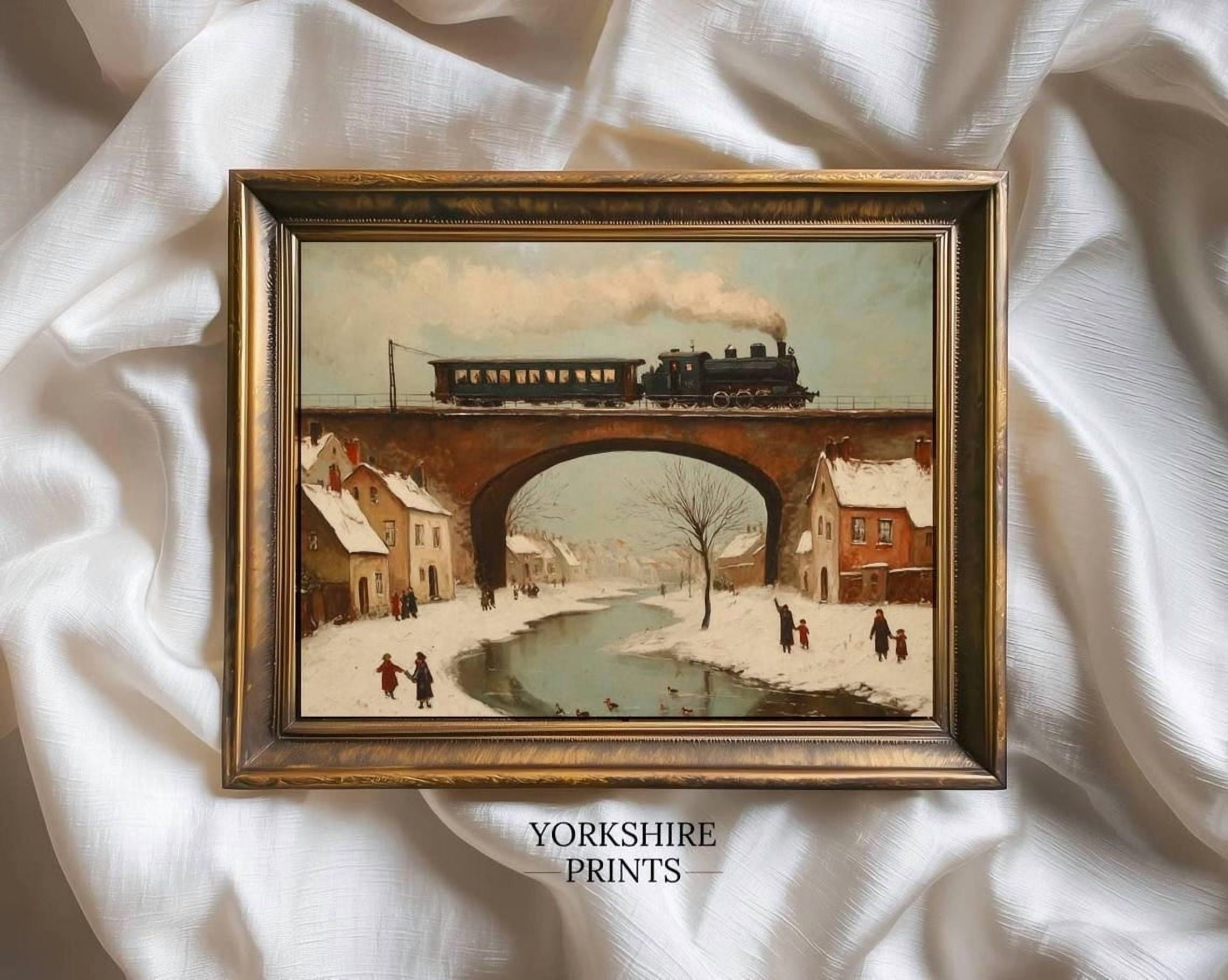 Vintage Winter Train Print, Snowy Village, Rustic Winter Steam Engine ...