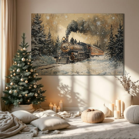 Vintage Winter Train Wall Art Winter Landscape Poster Decor Locomotive In Snowy Forest Poster Ready To Hang, Unframed Canvas Size 8x12