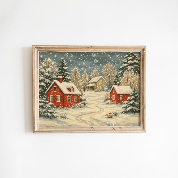 Vintage Winter Village Christmas Cottage Snowy Holiday Landscape Cozy Nostalgic Graphic Poster Unframed Paper Print