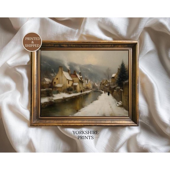 Vintage Winter Village , Snowy Mountain Scene with River Fine Art Poster Print Poster, Size 8x12 UNFFRAMED F03.1.6l1136