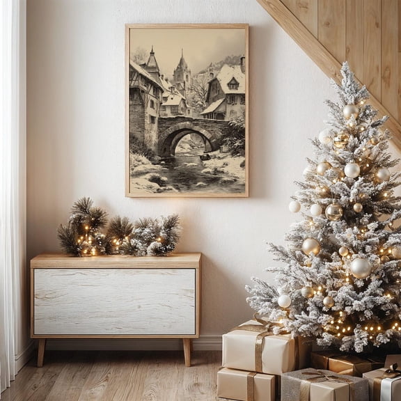 Vintage Winter Village Stone Bridge Wall Art Home Decor Unframed Paper Print