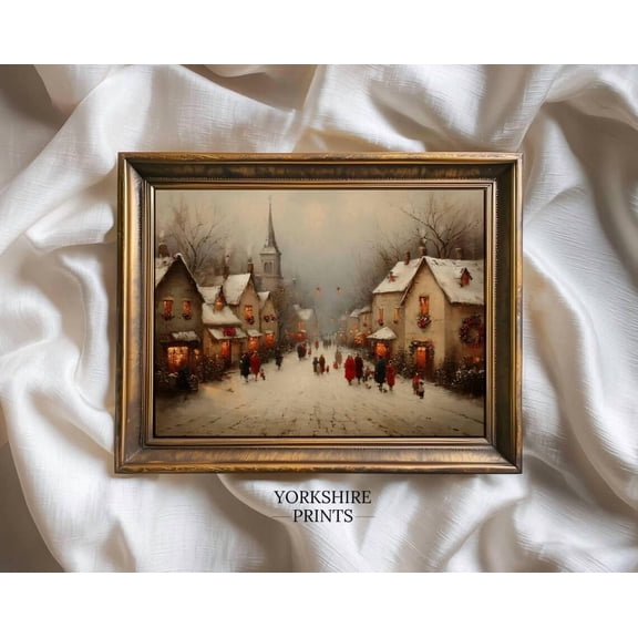 Vintage Winter Village Street Scene, Winter Market Wall Art, Festive Home Decor #3749, 8x12 UNFRAMED