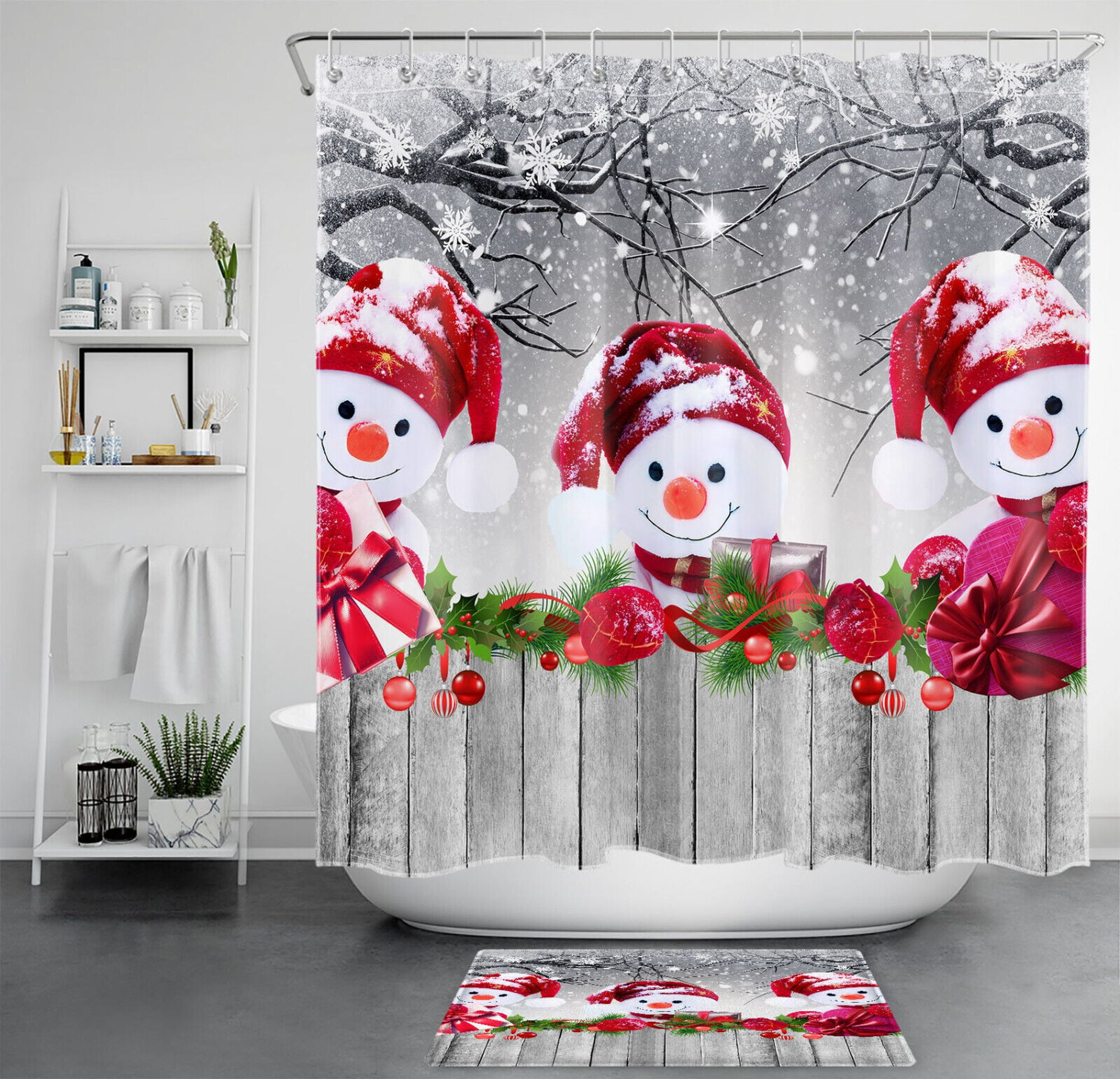 Vintage Winter Wonderland Bath Set Snowflakes, Pine Trees, and Snowmen Shower Curtain and