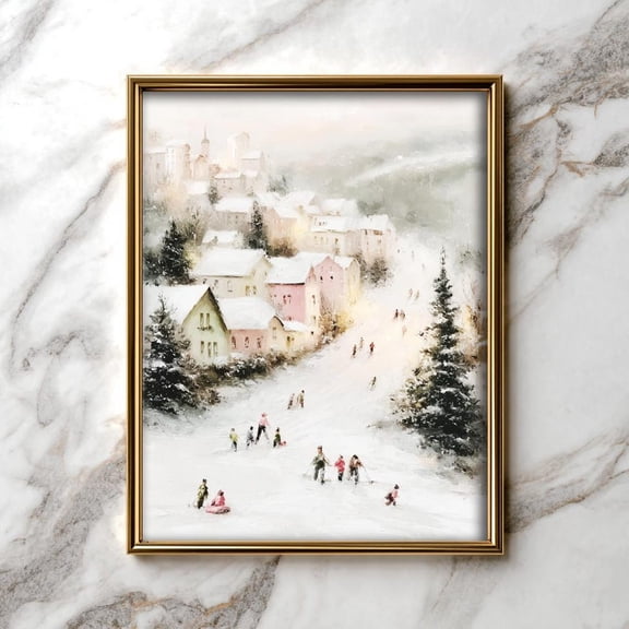 Vintage Winter Wonderland , Cozy Skiing Children In Snowy Landscape, Peaceful Cottagecore Art, Wall Decor 80 Unframed Paper Print