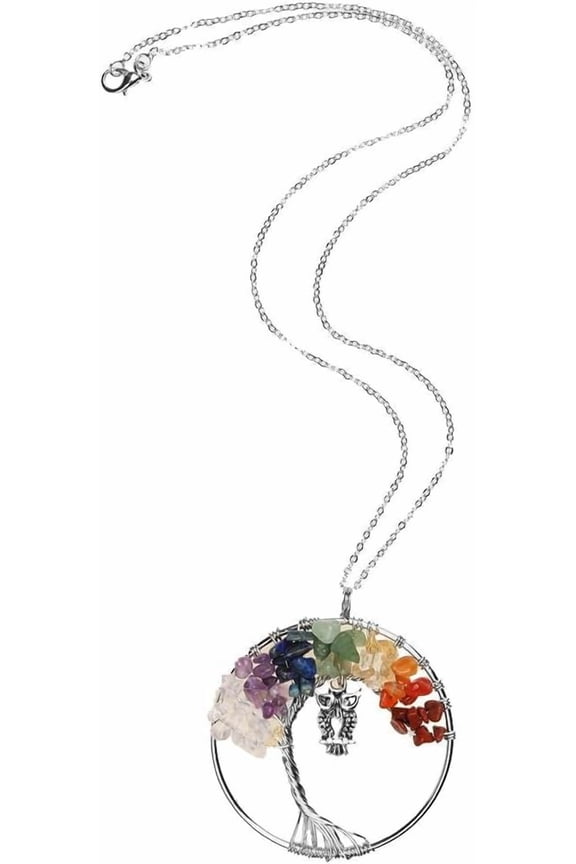 Vintage Wire Elegant Tree of Life Owl Pendant Gemstone Necklace Charm for Healing and ion C Silver Plated, 17 Inch Chain[w417]