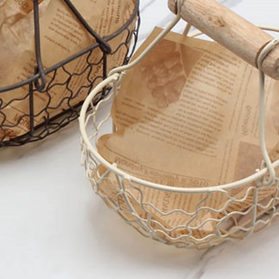 Vintage Wire Storage Basket With Wooden Handle Rustic Chicken Wire Gathering Basket For Fruit Bread Kitchen Organizer 7.1 x 3.9 Inches