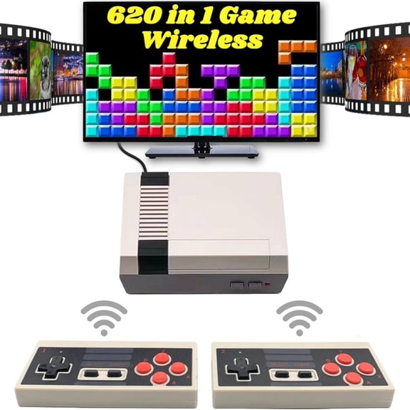 Vintage Wireless TV Entertainment Equipment, 2.4G Dual Control Handles, 620 Built-in Classic Videos, 8-Bit AV Mini Playback Unit, Grey Leisure Gear for Family Party & Festivals