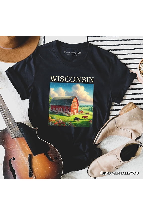 Vintage Wisconsin Farm Landscape T-Shirt, Midwest Red Barn Tee and Countryside Souvenir