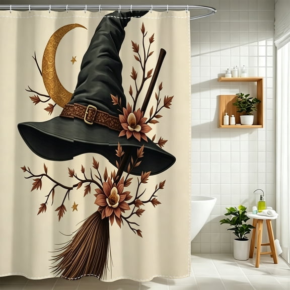 Vintage Witch Broom Autumn Leaf Flower Shower Curtain, Gothic Witch Fall Winter Holiday Bathroom Decor Curtain