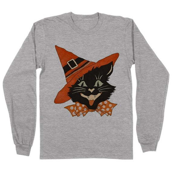 Vintage Witch Cat Long Sleeve Shirt Unisex Large Grey