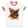thumbnail image 1 of Vintage Witch Cat Ringer Tee Shirt Unisex Medium White/Red, 1 of 5