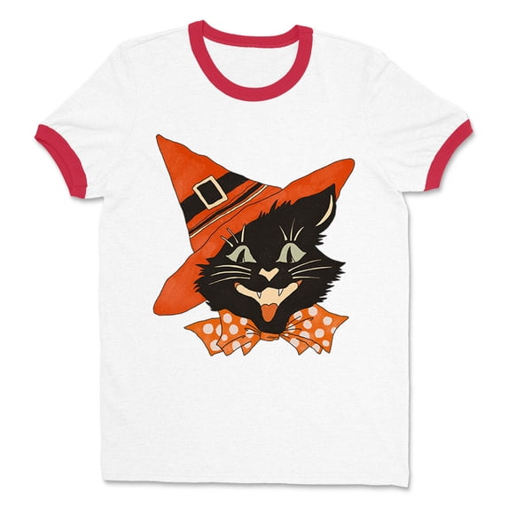 Vintage Witch Cat Ringer Tee Shirt Unisex Medium White/Red