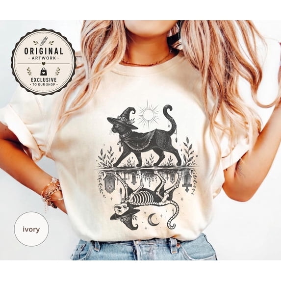 Vintage Witch Cat Skeleton Art Shirt, Mirrored Celestial Familiar Graphic Tee, Dark Botanical Halloween Style Gift
