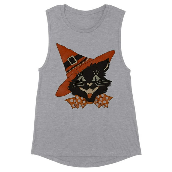 Vintage Witch Cat Women's Muscle Tank Large Heather Grey