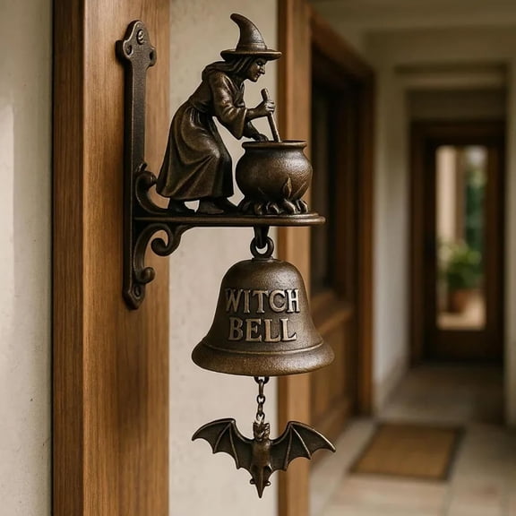 Vintage Witch Doorbell – Cast Iron Halloween Door Hanger Bell with Witch on Broom, Outdoor Decorative Bell for Porch, Garden, Front Door, Gothic Witch Decor for Halloween and Everyday Decoration