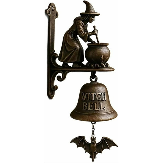 Vintage Witch Doorbell – Cast Iron Halloween Protection Door Hangers Bell with Witch on Broom for Front Door, Porch, Home and Wall Decor