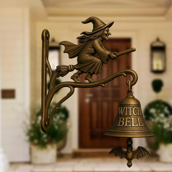 Vintage Witch Doorbell - Halloween Witch Bells for Door Decorative Hanger with Broom-Riding Witch - Functional Door Bell for Front Doors, Porch, Or Gothic Home Decor (#A001)