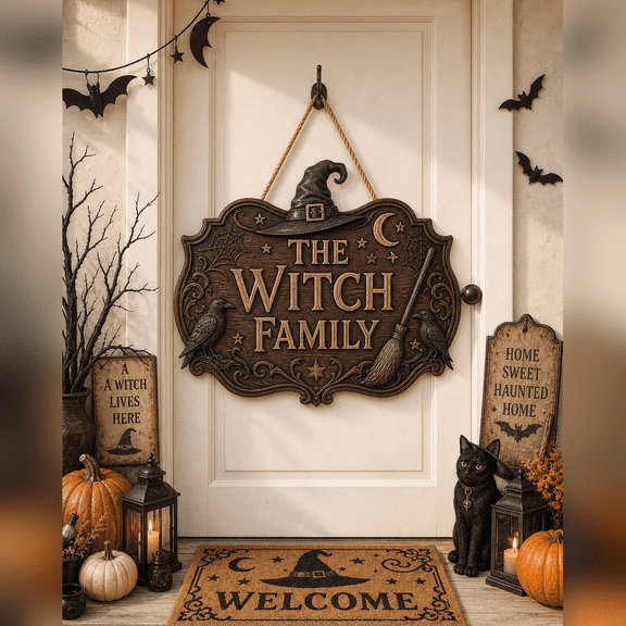 Vintage Witch Family Wooden Halloween Front Door Hanging Sign