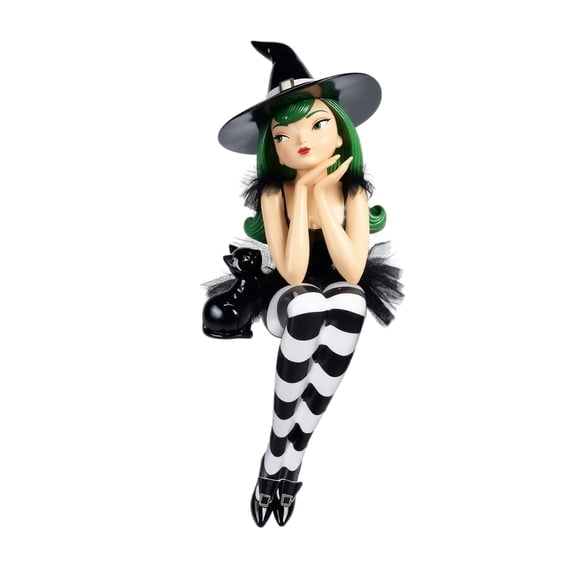 Vintage Witch Halloween Decor with Black Cat, Resin Sitting Figurine, Green and Striped Legs, for Home Shelf Display, Decoration