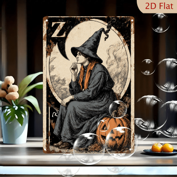Vintage Witch and Jack-o'-Lantern Halloween Art, 8x12 Inches Metal Wall Decor, Gothic Style with Full Moon, Smoke Hat, Distressed Paper Texture, Autumn Home Wall Hanging