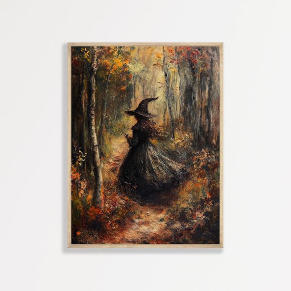 Vintage Witch Painting Moody Autumn Forest Scene Wall Art Home Decor