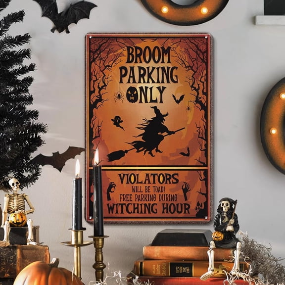 Vintage Witch Parking Metal Sign, Broom Parking Only Wall Decor, Halloween Printed Plaque, 8 x 12 Inches, Indoor Outdoor Decoration