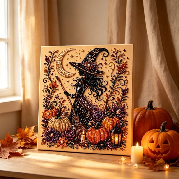 Vintage Witch Pearl Art DIY Kit 7.87x7.87x1.18in Halloween Pumpkin Moon 3D Beaded Diamond Painting Set, Autumn Mosaic Craft for Shelf Wall Home Seasonal Decor, Spooky Handmade Decor Gift