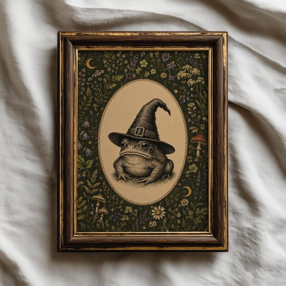 Vintage Witch Toad Wall Art Cottagecore Halloween Decor Frog Wall Art Dark Academia Print