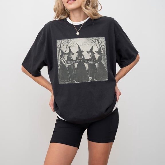 Vintage Witch Women's T Shirt, Funny Halloween Graphic Tee, Witchy Tops for Women, ，Retro Halloween Top，Causal，cotton，black，S-5XL