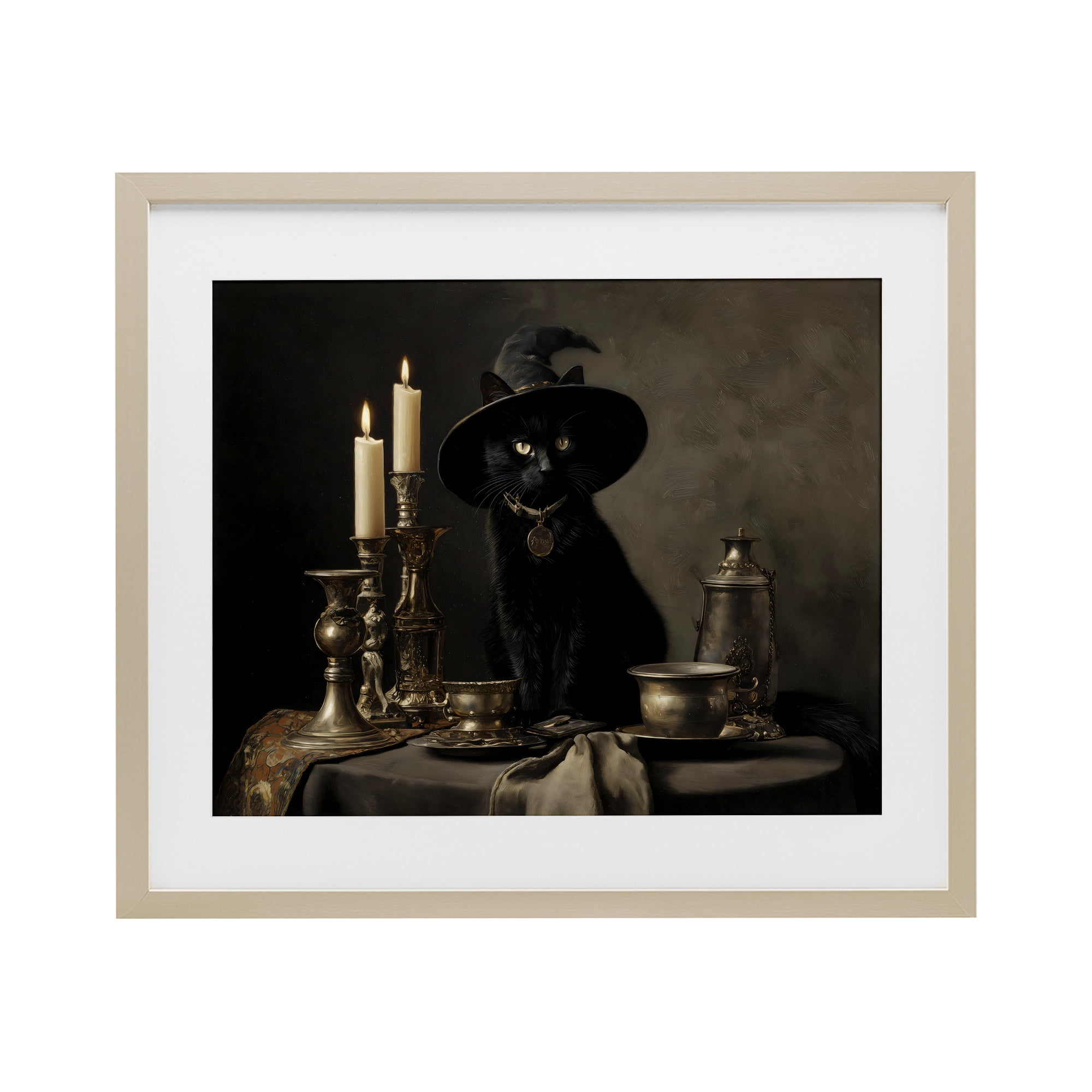 Vintage Witchy Black Cat Birch Framed Print Under Glass, design by Arlington Prints