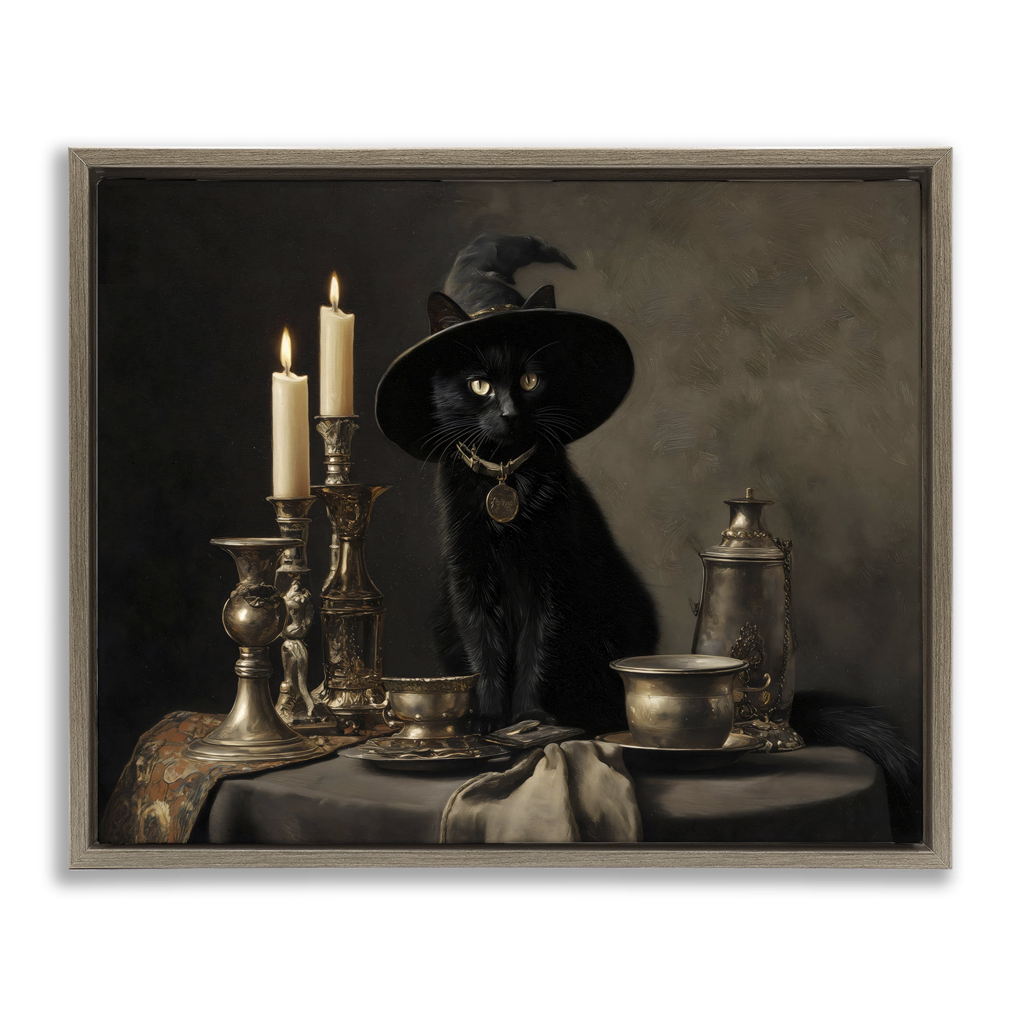 Vintage Witchy Black Cat Brown Framed Floater Canvas Wall Art, design by Arlington Prints