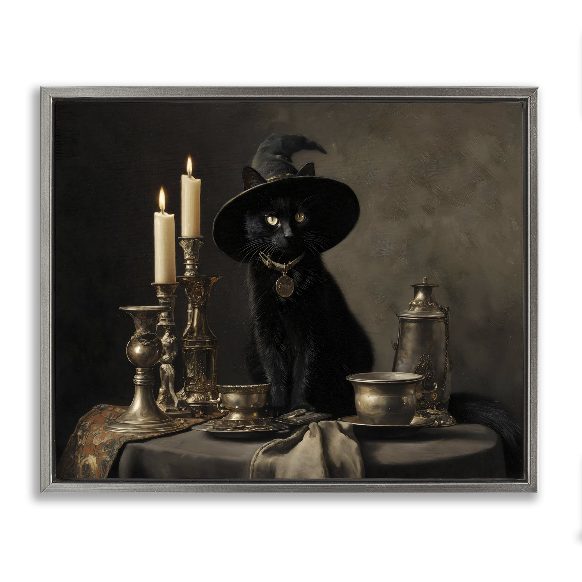 Vintage Witchy Black Cat Gray Framed Floater Canvas Wall Art, design by Arlington Prints