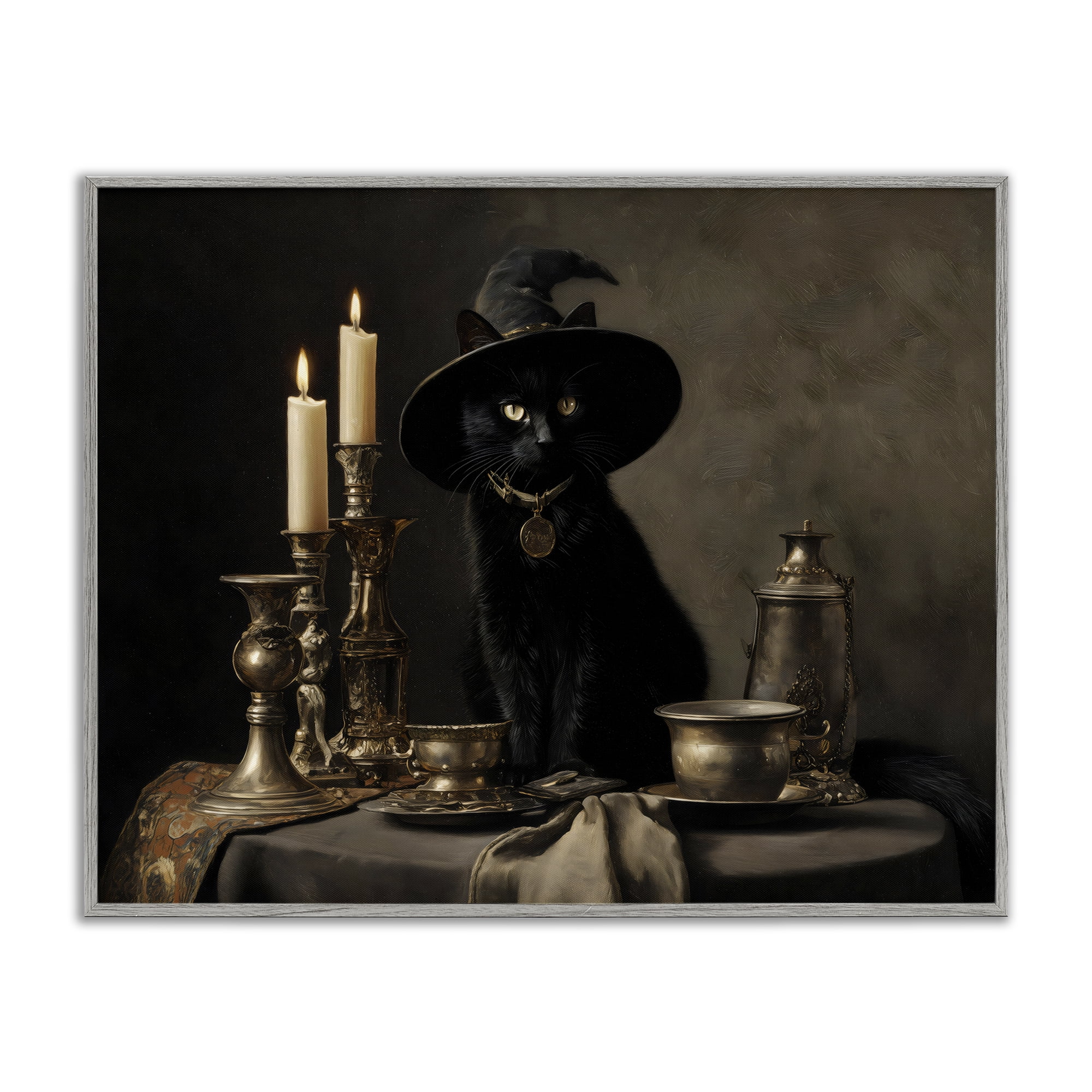 Vintage Witchy Black Cat Gray Framed Giclee Art, design by Arlington Prints
