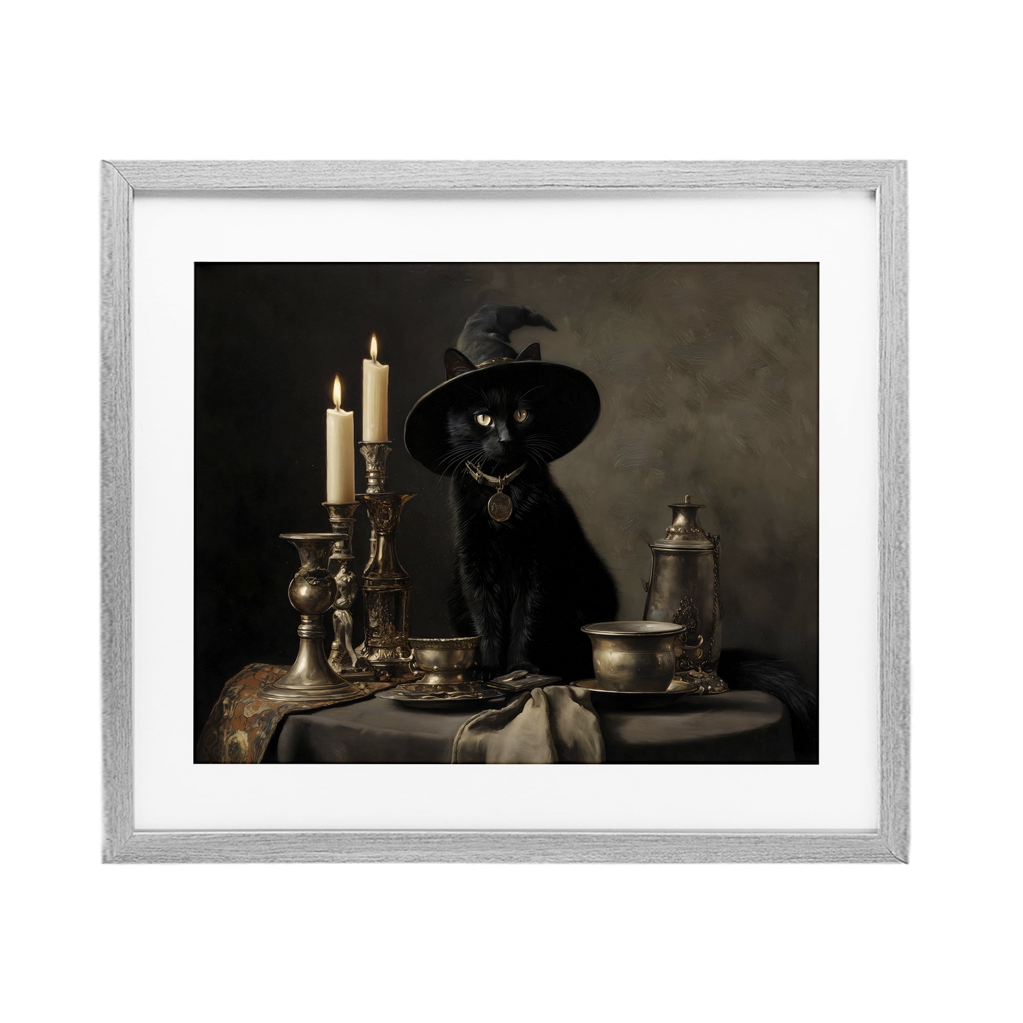 Vintage Witchy Black Cat Gray Framed Print Under Glass, design by Arlington Prints