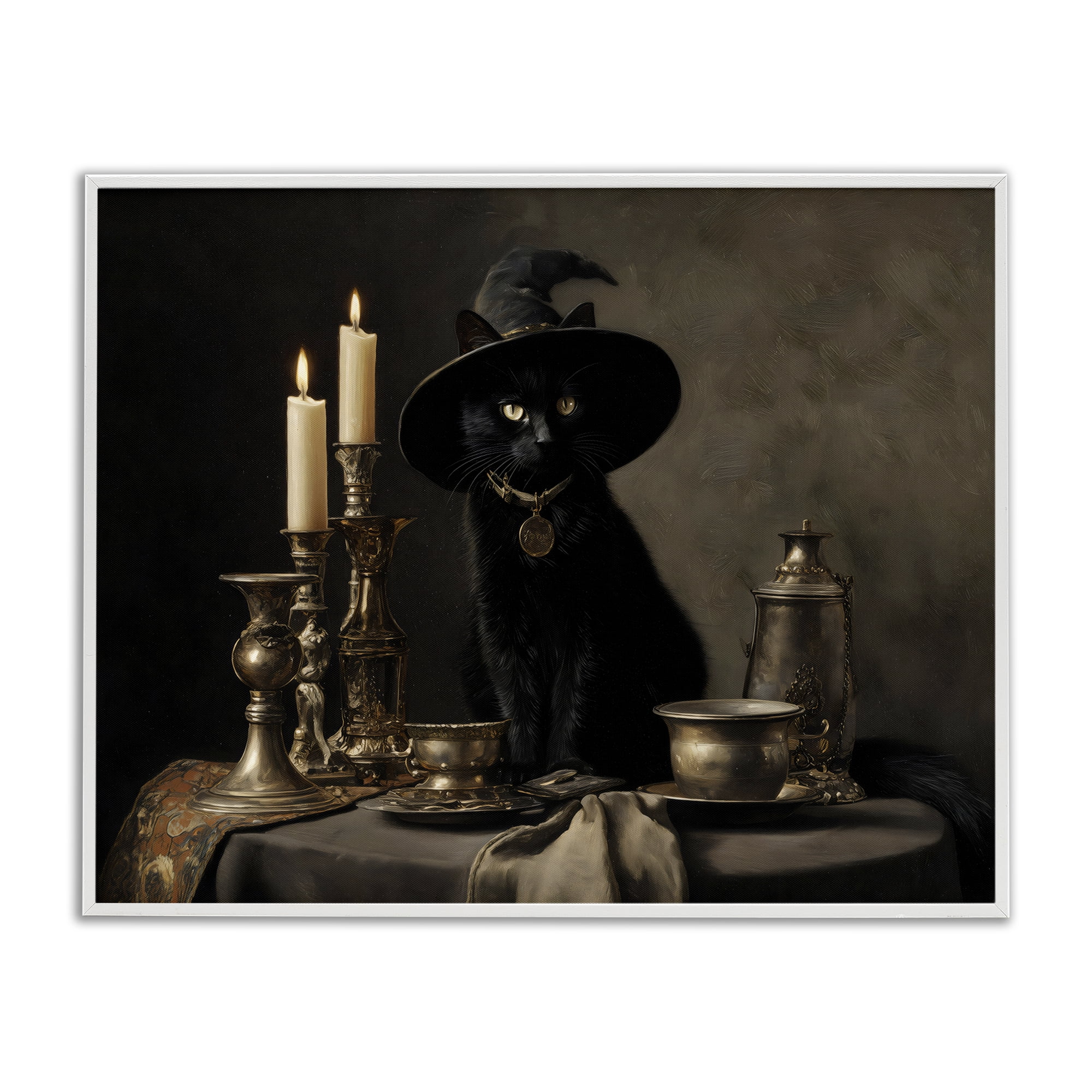 Vintage Witchy Black Cat White Framed Giclee Art, design by Arlington Prints