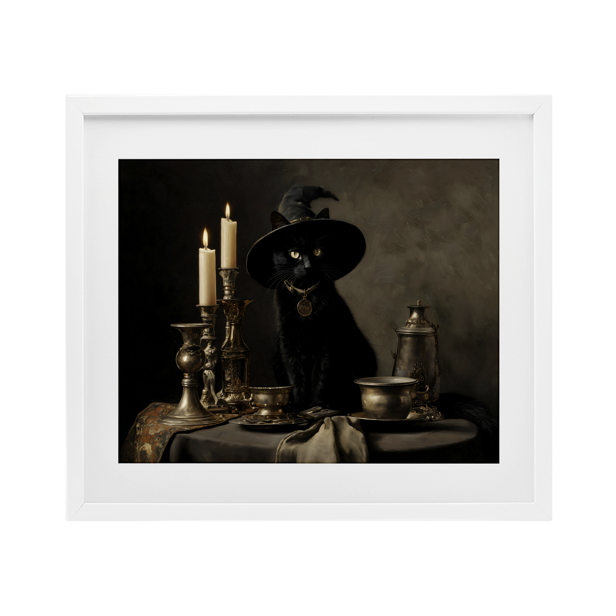 Vintage Witchy Black Cat White Framed Print Under Glass, design by Arlington Prints
