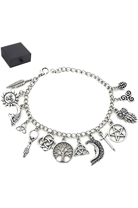 Vintage Witchy Charm Bracelet, Celestial Gothic Boho Jewelry, Adjustable Witchy Pagan Jewelry with Moon Sun Tree of Life Owl Pentagram Charms, Women Lucky Link Chain Cuff Bangle